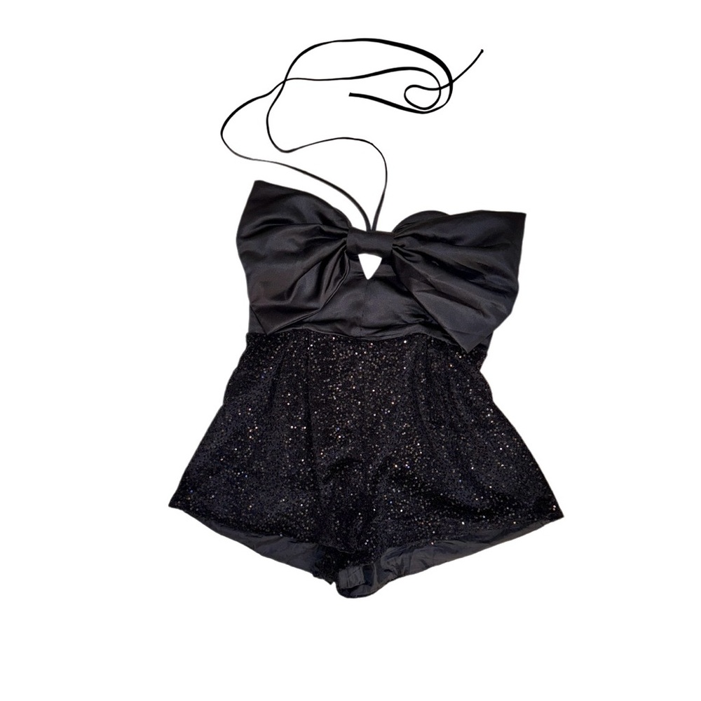 Y2K BLACK SATIN SEQUIN shorts romper party outfit women’s size large - Picture 3 of 13